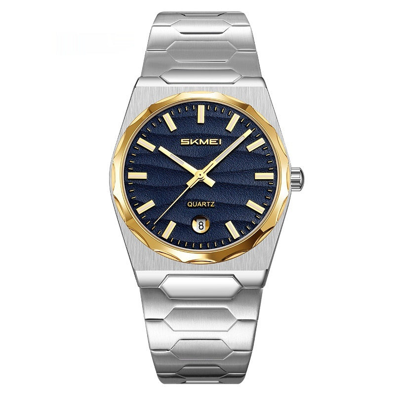 Golden Heir men's watch with steel band, gold shell, blue surface, and calendar function, showcasing elegant design.