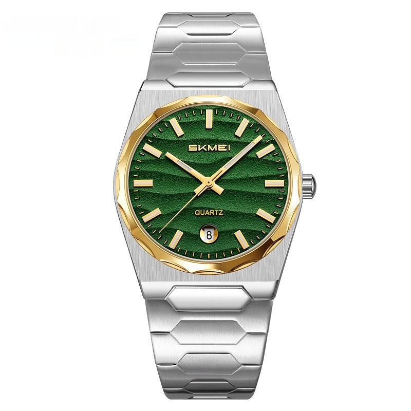 Golden Heir men's watch with a steel band, gold shell, blue dial, and calendar function.