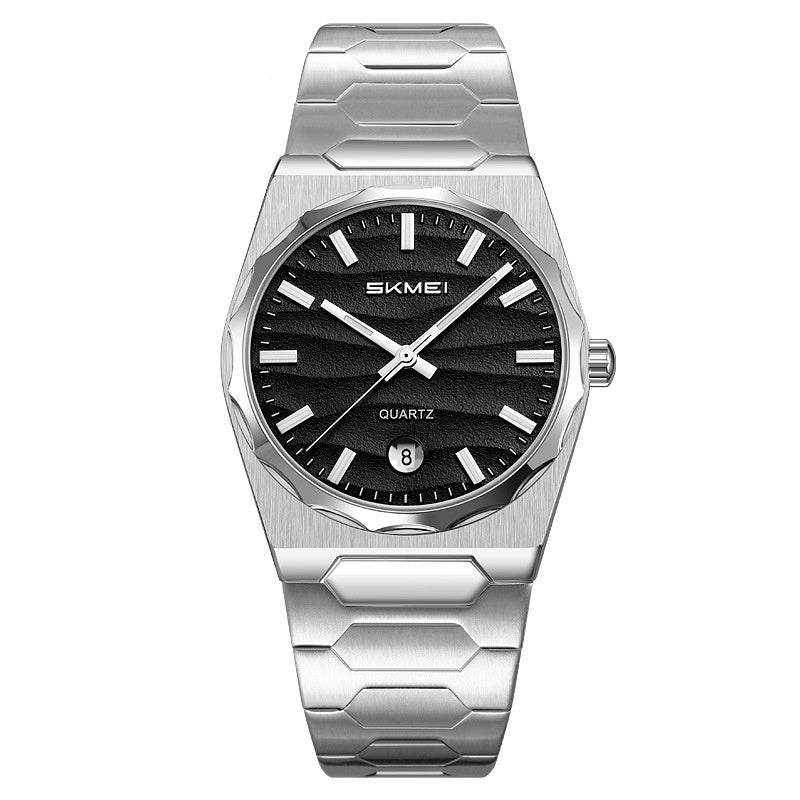 Golden Heir men's watch with a steel band, gold shell, blue face, and calendar function, showcasing a sleek, stylish design.