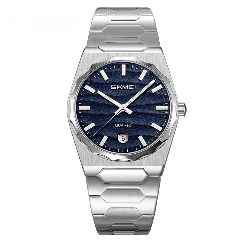Golden Heir men's watch with gold shell and blue surface, stainless steel band, featuring calendar function.