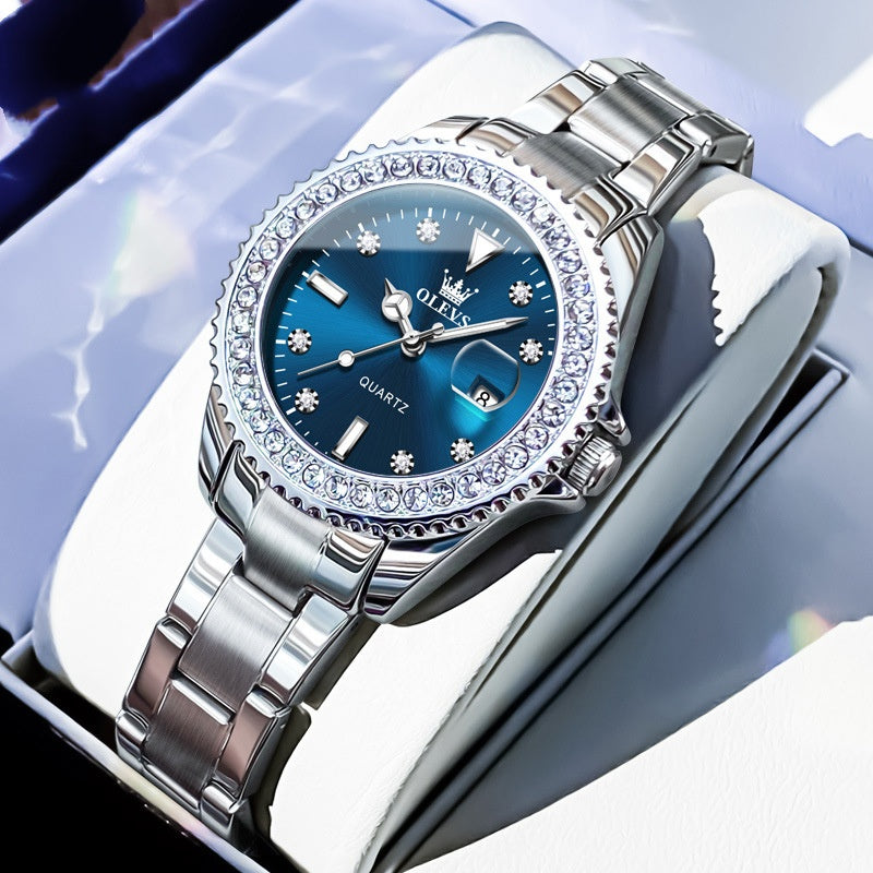 Golden Heir stylish women's quartz watch with green leather strap, elegant design, perfect for business and casual wear.
