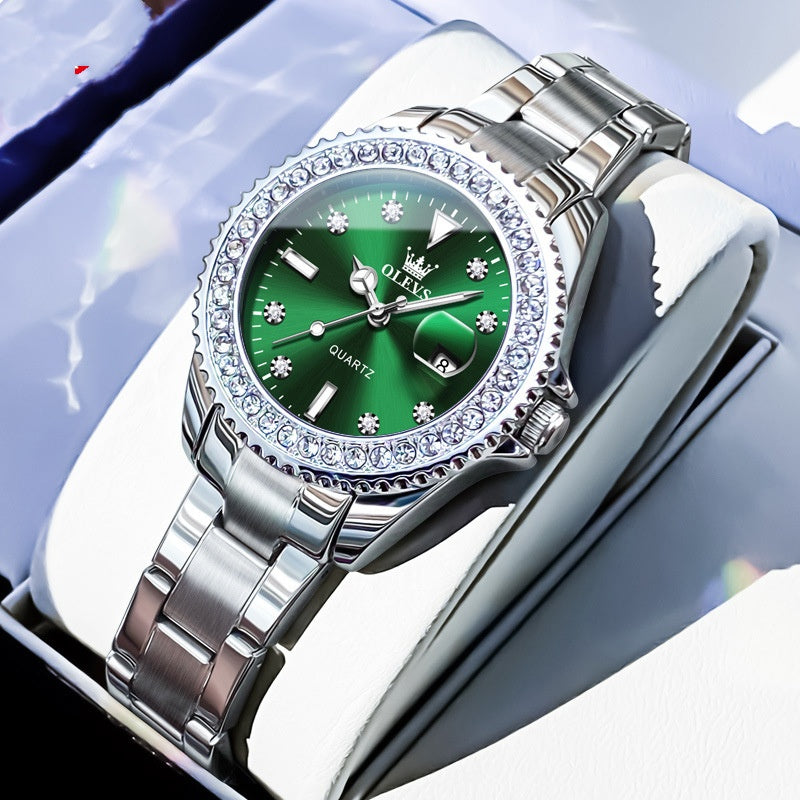 Golden Heir stylish women's quartz watch with green leather strap, elegant design, perfect for business and casual wear.