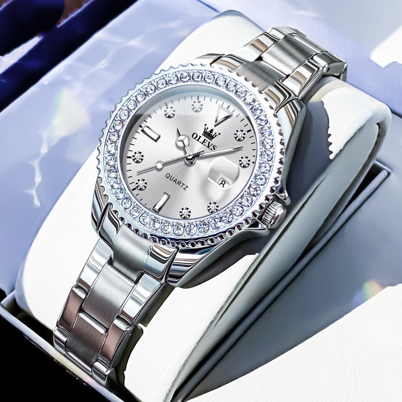 Golden Heir women's stylish quartz watch with green leather strap, displayed on a green book, perfect for business and casual wear.