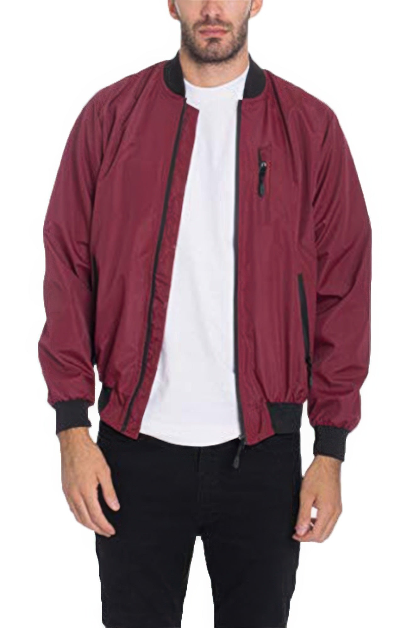 Golden Heir lightweight black windbreaker jacket displayed on a hanger, showcasing its sleek design and durable fabric.