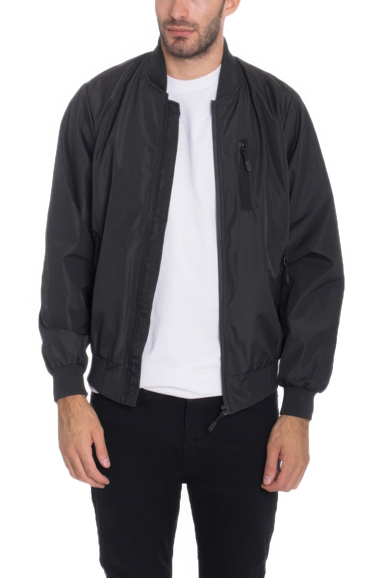 Golden Heir lightweight windbreaker jacket in black, shown with a close-up of the sleek, wind-resistant fabric and stylish design.